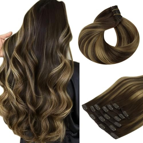 hotbanana Clip In Extensions Echthaar, Balayage Schokoladenbraun bis Karamellblond Unsichtbar Clip In Echthaar Extensions Günstig Haarverlängerung Glatt Remy Hair Extensions 40cm 120g 7 Stück