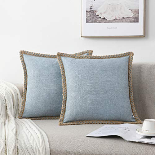 NordECO HOME Set mit 2 Kissenbezügen im Bauernhaus-Stil, Jute, Leinenbesatz, maßgeschneiderte Kanten, dekorative Kissenbezüge für Bett, Heimdekoration, 40,6 x 40,6 cm, Blau