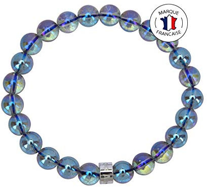 Attraction Zen Cosmic Energy Armband aus 8mm zertifiziertem brasilianischem Aura-Quarz - AZ Pearl Edelstahl - Elastisches Armband - Handarbeit
