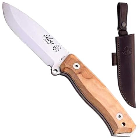 J&V Knives Cuchillo SELVAN ESCANDINAVO de Supervivencia Bushcraft Caza Pesca Campo Monte Outdoor - Acero Inoxidable MOVA 1.4116 - Madera Natural Olivo - Funda de Piel - Fabricado en España