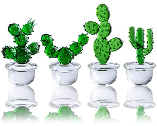 H&D HYALINE & DORA - 4 Figuras de Cactus sopladas Hechas a Mano, coleccionables de Cactus de Cristal artístico, decoración de Plantas de simulación de Mesa de Escritorio