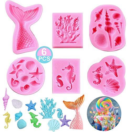 Meerestiere Fondant Formen 3D 6 Stück Ozean Silikon Backform Diy Silikon Seifenform Meerjungfrau Schwanz Silikonform Seestern Seepferdchen Muschel (Fischschwanz- 6 Stück)