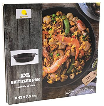 Spetebo Gusseisen Pfanne XXL Ø 43 cm - Eisentopf Bräter Gusspfanne Grillpfanne mit zwei Griffen und zwei Ausgießern