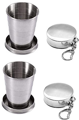 Huianpen 2 Piezas Copa de acero inoxidable plegable, Vaso Plegable Con Llavero,Taza de metal para acampar,Taza plegable telescópica portátil, Adecuada Para Actividades Al Aire Libre y Uso Diario