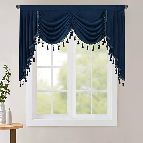 StangH Navy Blue Velvet Curtains - Rod Pocket Waterfall Valance Blackout Thermal Curtain Tiers Match Home Decoration for Bathroom/Bay/French Door, W59 inches, 1 Panel
