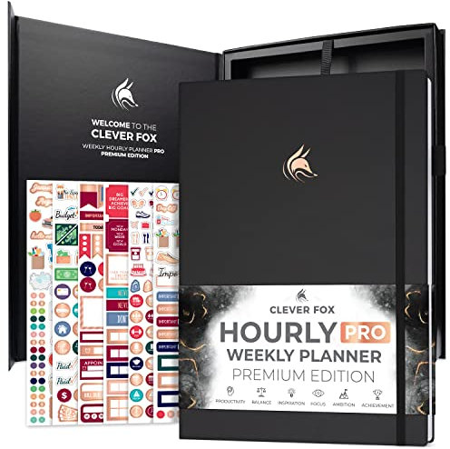 Clever Fox Stundenplaner PRO Premium – undatierter Terminplaner mit täglichen Zeitschlitzen – persönliches Organizer-Notizbuch für Zeitmanagement – Wochen- und Monatstagebuch, A4-Größe (schwarz)