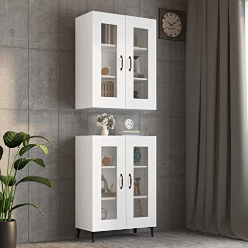 WIFESE Hängeschrank 69,5x34x90 cm mit 2 Türen Cabinet Wandschrank Badezimmerschrank Badezimmermöbel Küche Schrank Küchenzeile Küchenschrank Weiß Holzwerkstoff Glas mit 3 Fächern