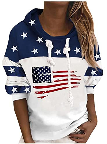 sivlana Damen-Sweatshirt mit USA-Flagge, lässiger gestreifter Druck, Pullover, Reißverschluss, amerikanischer patriotischer Pullover, #5 Blau, L