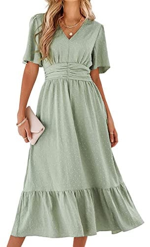 BebreezChic Sommerkleid Damen Lang Boho Elegant Kurzarm V-Ausschnitt Hohe Taille Swiss Dot Gerafft Blumen Strandkleid Maxikleid, Hellgrün S