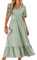 BebreezChic Sommerkleid Damen Lang Boho Elegant Kurzarm V-Ausschnitt Hohe Taille Swiss Dot Gerafft Blumen Strandkleid Maxikleid, Hellgrün S
