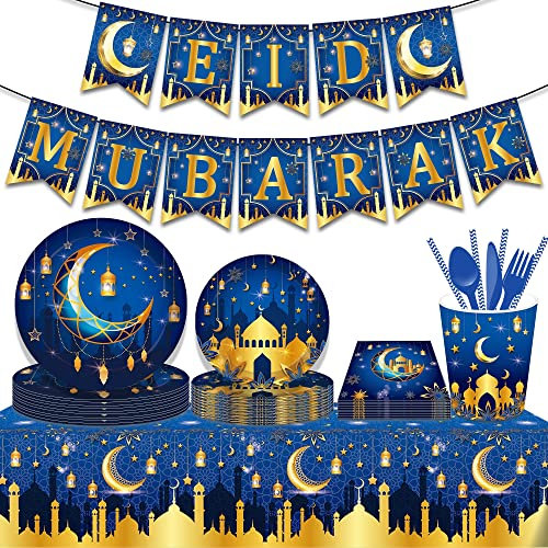 MOFIC 46 Pieces Eid Mubarak Tableware Set for Ramadan Mubarak Table Supplies,Muslim Ramadan Plates,Napkins,Flag, Table Cover Eid Al-fitr Party Cups for Ramadan Party Favors