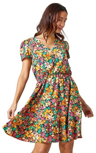 Roman Stretchy Dress for Women UK Ladies Pockets Gathered Waist Ruched Chest Midi Holiday Spring Summer V Neckline Evening Vacation Work Party Going Out Soft - Amber Multi - Size 18