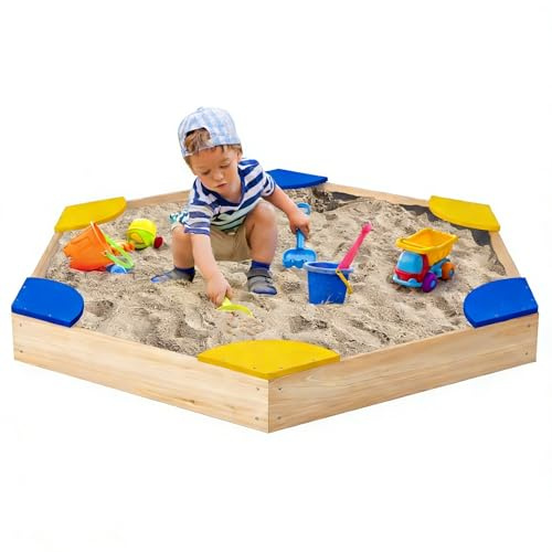 DREAMADE Sandkasten aus Holz, Sandbox mit Sitzecken, Sandkiste für Kinder für Garten Outdoor (Hexagon)