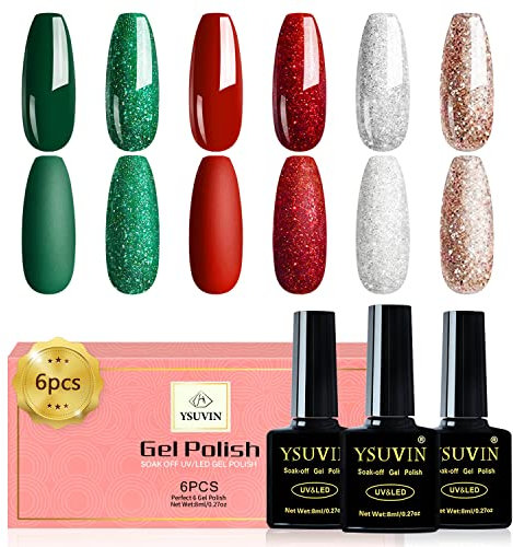 YSUVIN UV Nagellack, 6 Farben Gold Grünes Rot Silber Weihnachts UV Gel Nagellack Set für Anfänger DIY Nail Art Maniküre Salon, 8ml