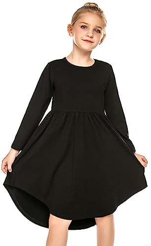 Parabler Girls Dress Black Long Sleeve Child Dresses T-Shirt Dress Casual Autumn Dress with Pockets Autumn Winter Black 150/12-13Y