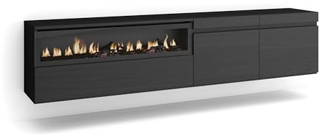 Skraut Home | Mueble TV | Televisión | Muebles de salón, almacenaje | 200x45x35cm | para TV hasta 80 | Chimenea eléctrica | Colgado, Suspendido | Estilo Moderno | Negro