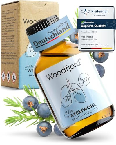 WOODFJORD Saunaaufguss Atemwohl BIO 100 ml I Mit Terpentinöl I Premium Sauna Aufgussmittel für authentische und nachhaltige Saunaerlebnisse I Saunaöl und Saunaduft I Belebend und vitalisierend