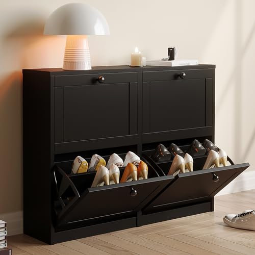 VOWNER Meuble Chaussures, Meuble de Rangement à Chaussures Armoire, Commode à Chaussures, Meuble d'entrée Rangement pour Chaussures, 105 x 24 x 80 cm, Séparateurs Réglables, pour Entrée, (Noir)