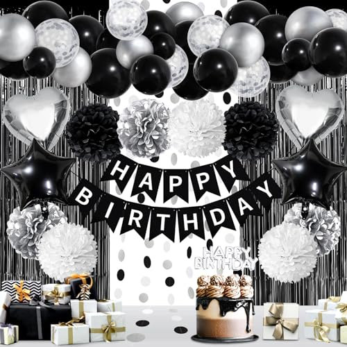 ZERODECO Schwarz Weiß Geburtstag Party Dekoration, Happy Birthday Banner mit Tissue Papier Pom Poms Blume Ballon für Geburtstag Party Dekorationen