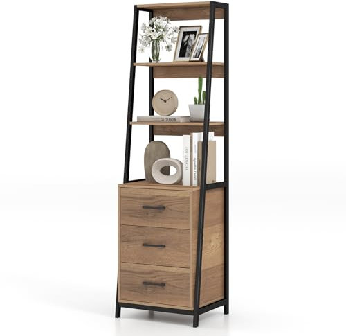 HOMASIS Libreria Scaffale con 4 Ripiani e 3 Cassetti, Mobile Libreria Multiuso in Legno, Portaoggetti, Scaffale Industriale a Scala per Soggiorno, Ufficio, Cucina, 51x40x175cm (Naturale)