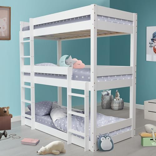 Blisswood 3ft Wooden Bunk Beds With Ladder, Triple Sleeper Kids Bunk Bed, Solid Pine Wood Single Bed Frame For Kids Children Home (White, L197 x W96 x H198 cm)