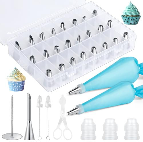 AiQInu Poche a douille patisserie 34 pcs,2 douilles en acier inoxydable, 2 poches à douille réutilisables en silicone, pour gâteaux, cupcakes, cookies, pâtisseries