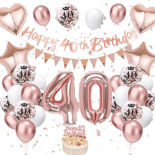40. Geburtstag Deko Roségold, Luftballon Deko 40. Geburtstag Damen Frauen, Geburtstagsdeko 40 Jahr, Roségold Weiß Luftballons 40 Geburtstag mit Banner Geburtstag Tortendeko für Geburtstag Dekoration