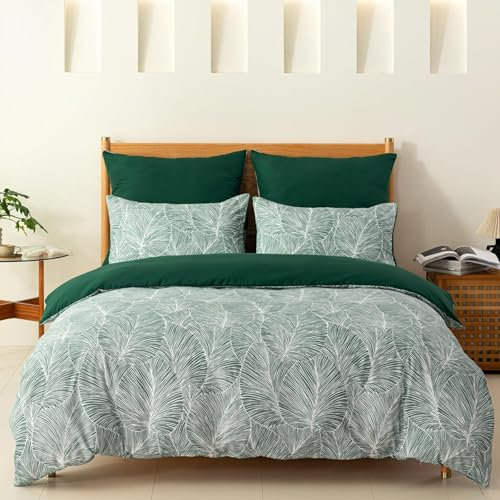 Gezu Housse de Couette 240x260cm Vert Motif de Feuilles Tropicales Parure de lit 220x240 cm Housse Couette avec Fermetures éclair avec 2 Taies d'oreiller 65x65cm