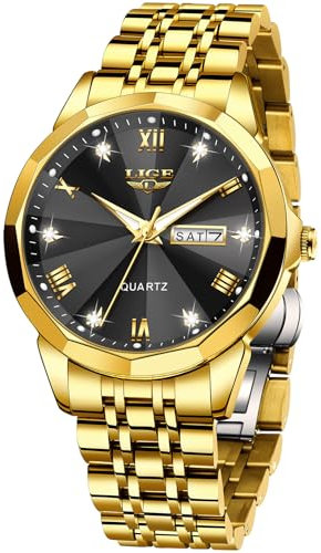 LIGE Herren Uhr Uhren, Luxus Gold Analog Diamant Quarzuhr, Mode Edelstahl Männer Automatische Datum Kalender Uhr, 30M Wasserdicht Armbanduhr, Business Casual Leuchtende Zifferblatt Elegantes Geschenk