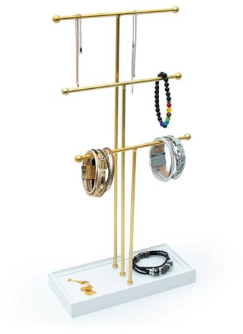 INTIRILIFE Schmuckständer 3 Ebenen in Gold -47 cm Höhe- Metall -Schmuck Organizer, T-Bar Schmuckhalter- Schmuckbaum mit Marmor-Muster eckigemTablett- Ständer für Ketten Ohrringe Ringe Uhren Armbänder