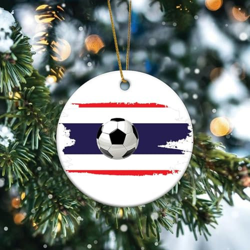 Fußballthema Thailand Weihnachtsbaum Ornament Rugby Fußball Geschenke Porzellan Anhänger Urlaub Dekoration Runde Keramik Doppelseitiges Souvenir für Familie Geburtstag Neujahr Zuhause