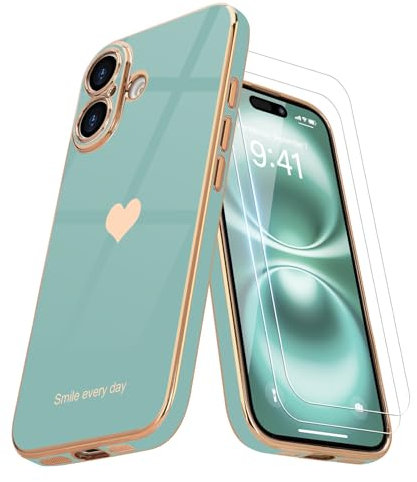Teageo for iPhone 16 Case with 2 Screen Protector Heart Pattern for Women Girls Luxury Bling Plating Soft TPU Anti-Scratch Shockproof Bumper Phone Case for iPhone 16, Teal