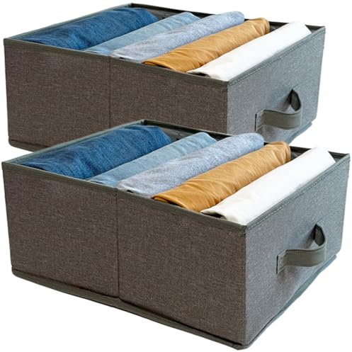 QINGGENG Wardrobe Storage Organiser, Collapsible Clothes Drawer Organiser with Dividers for Jeans, Jumper, Trouser, Underwear, Socks, Sturdy Clothes Storage Box for Wardrobe Bedroom, Set of 2, Grey