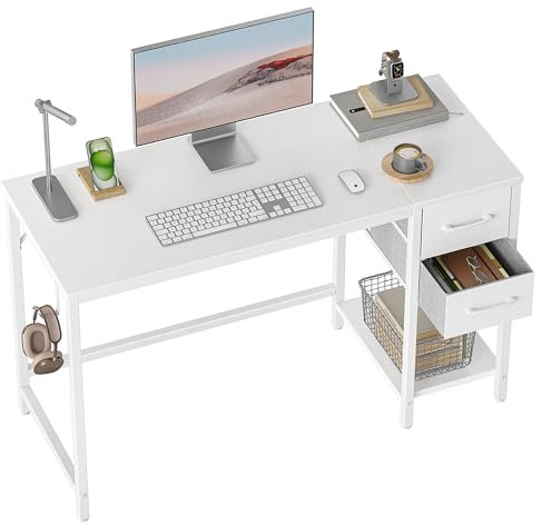 CubiCubi Schreibtisch mit 2 Schubladen und Kopfhörerhaken, 120×50×75cm Kleiner Computertisch, Bürotisch, für Arbeitszimmer, Schlafzimmer, Metallgestell, Weiß