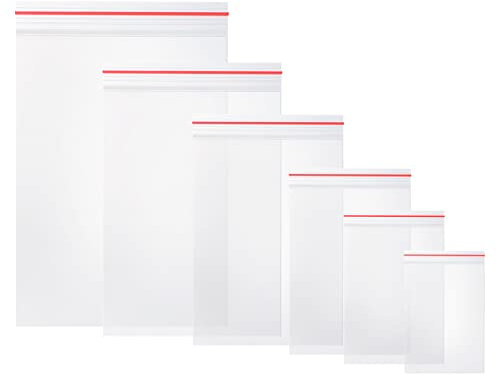 Vinabo 600 Sacchetti in Plastica Trasparente con Chiusura a Zip Riusabili, per Cucina, Ufficio, Gioielli, Semi e Piccoli Accessori - 6 Misure (100 x 6 Sacchetti)