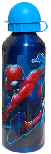 CARTOON Borraccia per bambini in alluminio bottiglia da 500 ml con beccuccio (Spiderman, celeste)