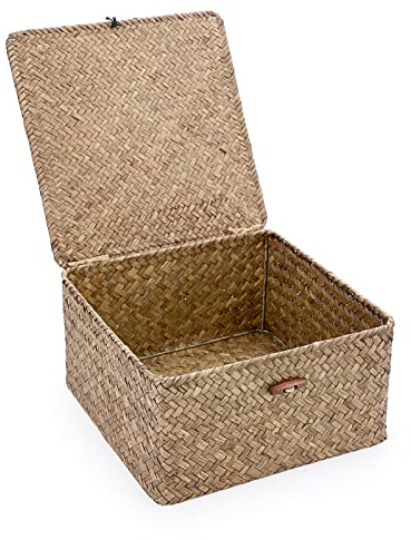 OLegei Aufbewahrungskorb aus Weide, Korb mit Deckel, quadratisch, für Regal, Aufbewahrungsbox, Tisch-Organizer (Kaffee, 27 x 27 x 14 cm)