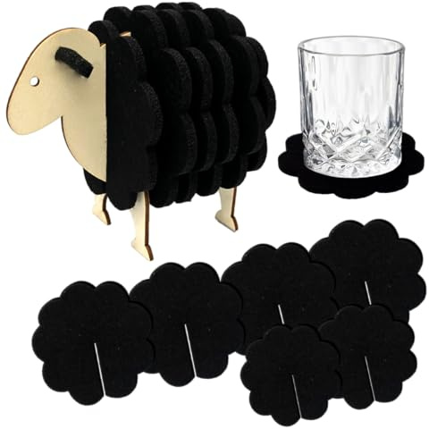 WangsLICHT 6er Filz-Untersetzer in Schaf-Form mit Holzständer – Schwarz | Puzzle-Design mit Kraftpapier-Schachtel – dekorative Tischdeko und Geschenkidee für Ostern und festliche Anlässe