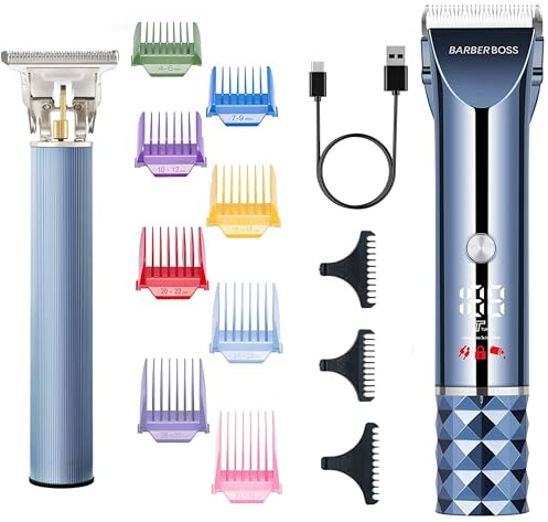 Barberboss Professional Men’s Hair Clipper Set, Cordless Beard & Hair Trimmer with LED Display, Turbo Mode, Titanium-Ceramic Blade & 8 Colour Guide Combs, USB Rechargeable Grooming Kit