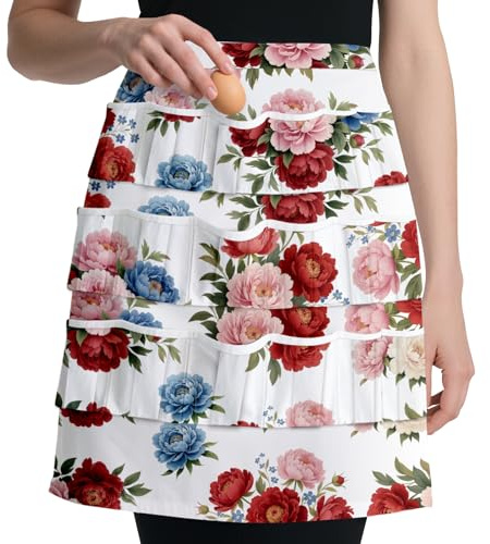 CUTHOLLOW Peony Flowers Egg Collecting Apron for Adlut, Women, Housewife, 18 Deep Pockets Hen Egg Gathering Holding Apron with Elastic Closures for Farmhouse, Kitchen, Restaurant