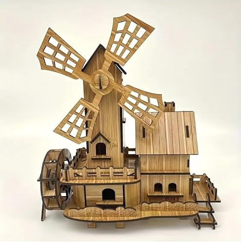 RPH Wooden 3D Puzzle Windmill House Kit - Bamboo-Colored Windmill with Cottage, Enhances Spatial Thinking Skills and Focus, 3D Puzzle Construction Set