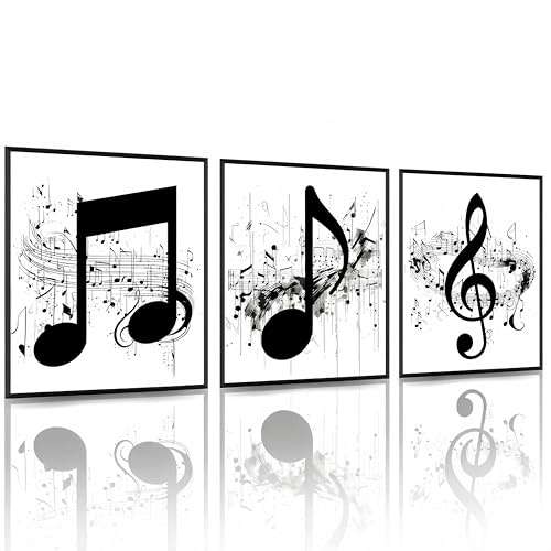 Linilioart Wandkunst, Musiknoten, Schwarz und Weiß, 3 Stück, stilvolles Musiker-Geschenk für Wohnzimmer, Schlafzimmer, Büro, ungerahmt (30 x 40 cm)