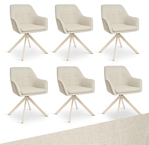 Goeurvant Esszimmerstühle Drehbar 6er Set mit Armlehne – 360°Drehbar Polsterstuhl Modern Drehstuhl Küchenstuhl mit Beige Metallgestell und Lehne für Esszimmer, Büro, Beige