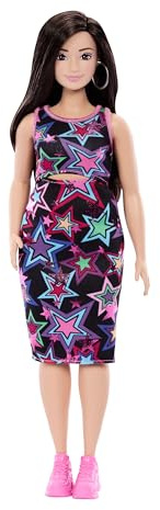 Barbie Fashionistas Style Puppe #251 mit braunen Haaren | In mehrfarbigem Kleid mit Sternenmuster und pinkfarbenen Sneakern, JJN64