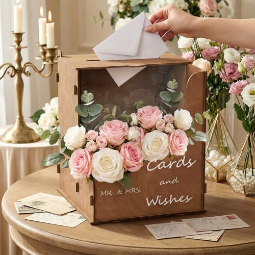 Rustic Wooden Wedding Card Box with Acrylic Window Post Box for Cards | DIY Floral Trough, Clear Acrylic Panel, Hold 200-300 Cards, Easy Assembly, Keepsake Box For Wedding, Anniversary & Graduation