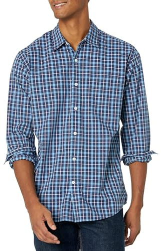 Amazon Essentials Herren Langärmeliges Casual Popeline Hemd, Blau Karomuster, M