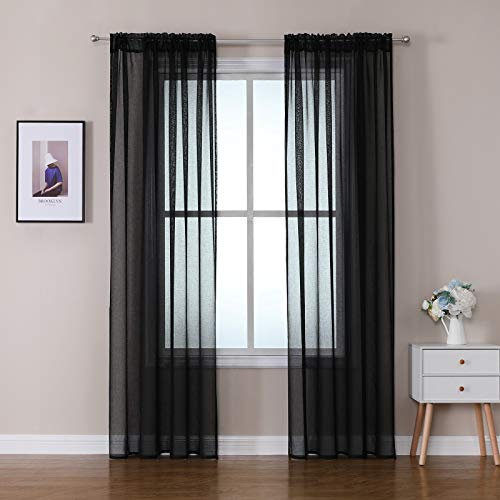 MIULEE 2er Set Sheer Voile Vorhang Stangedurchzug Transparente Gardine aus Polyester Fensterschal Transparent Wohnzimmer Luftig Dekoschal für Schlafzimmer 140 X 245 cm (B x H), Rod Pocket Schwarz