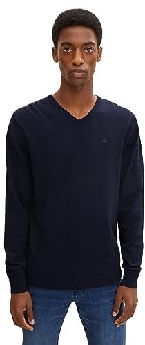 TOM TAILOR 202212 Strickpullover V-Ausschnitt Jersey básico para Hombre, Azul (13160 - Knitted Navy Melange), M