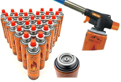 SMH LINE® Gasbrenner inkl. 24x Gaskartuschen 227g Küche Lötlampe Bunsenbrenner 1300°C Lötbrenner Brenneraufsatz Flambiergerät Piezozündung Schweißbrenner (Gasbrenner mit 24x gas)