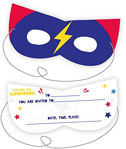 Amscan 9909090 - Superhero Kids Birthday Party Mask Shaped Invitations with Elastic - 6 Pack